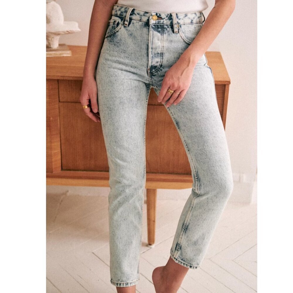 Sezane Denim Le Brut High Waisted Jeans Acid Wash Straight Edge Blue Womens 26